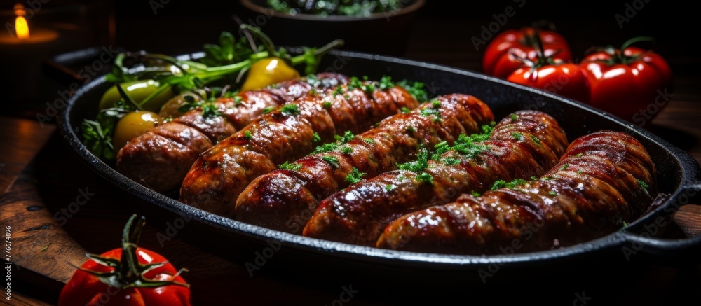 A close up of a cooking pan containing savory sausages, fresh tomatoes, and aromatic herbs