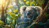 Koala Cuddling a Eucalyptus Branch, Highlight the adorable nature of koalas by capturing one snuggled up to a eucalyptus branch, its favorite food source