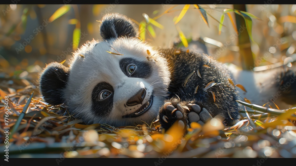 Fototapeta premium Panda's Playful Pose, Freeze a panda in a candid moment of playfulness, perhaps rolling on its back or munching on bamboo, showcasing its endearing charm