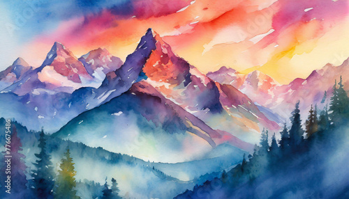 Alpine dawns in watercolor mountains awaking in hues  © Bounpaseuth