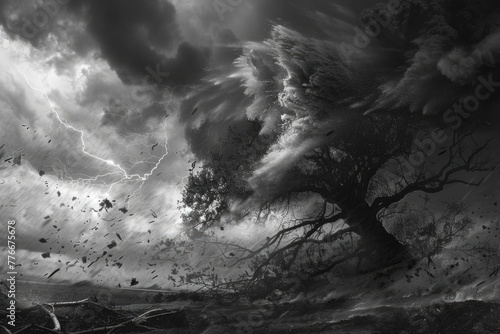 Monochrome Stormscape with Wind-Swept Tree and Debris, Dynamic Sky with Lightning, Artistic Concept photo