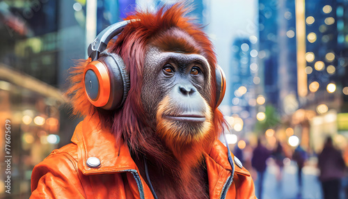 Orangutan with headphones strolling in a bustling city