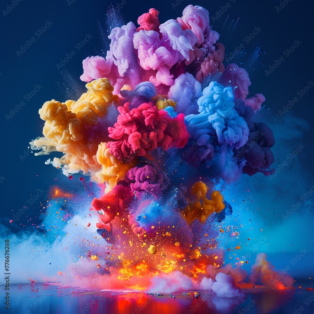 Craft a mesmerizing wide-angle shot capturing colorful explosions, ideal for a product launch campaign Incorporate a blend of vivid hues and abstract shapes to symbolize innovation and creativity
