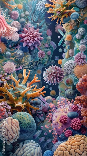 Capture the intricate world of microbes in a panoramic view  showcasing their diverse ecosystems and profound impact on the environment Illustrate the interconnectedness and coexistence