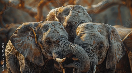 Elephant Family Bonding, Showcasing the emotional connection between elephant family members through tender moments like nuzzling or wrapping their trunks around each other photo