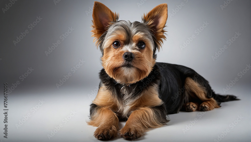 ultra realistic photo shoot in 8k, studio photo of a beautiful Yorkshire dog, the setting is well lit with a light background ultra realistic photo shoot in 8k, studio photo of a beautiful Yorkshire dog, the setting is well lit with a light background