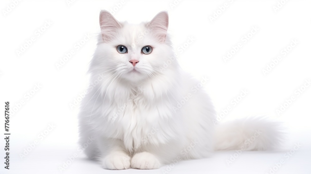 Cute white cat shitting on the floor isolated on white background.
