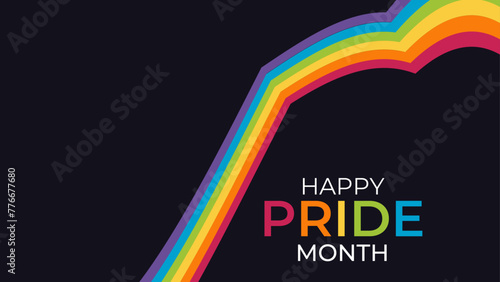 Happy Pride month text and rainbow pride ribbon roll make heart shape on dark background vector design. theme for t shirt, stickers, background, banner, poster, greeting card, printables, print ads.