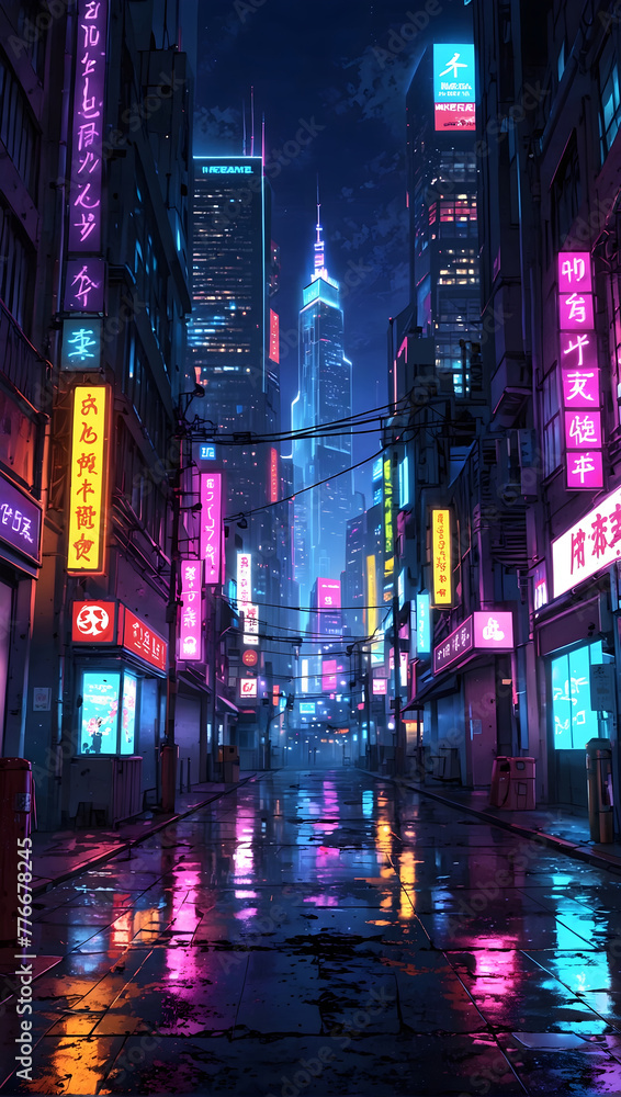 Naklejka premium Journey Through the Cyberpunk Commercial Hub Skyscrapers, Neon Lights, and Rainy Reflections