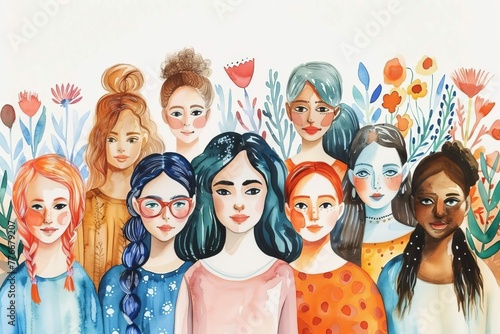 Whimsical watercolor illustration celebrating diverse women on International Women's Day