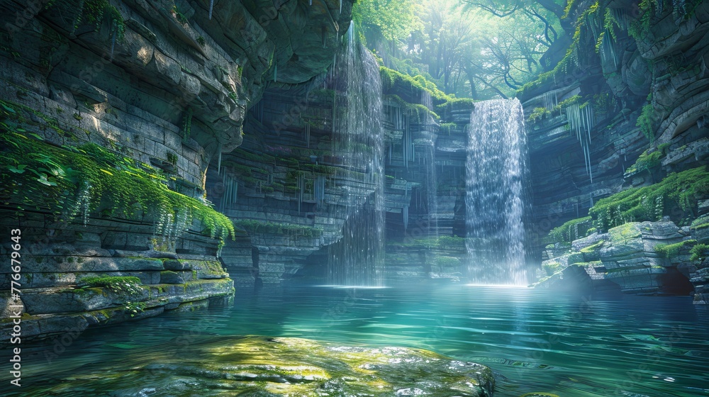 Serene Waterfall and Ancient Rock Formations in a Mystic Forest Serene Waterfall and Ancient Rock Formations in a Mystic Forest
