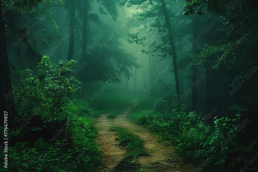 Enchanting dark green forest path shrouded in fog, magical fantasy landscape