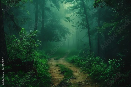 Enchanting dark green forest path shrouded in fog  magical fantasy landscape
