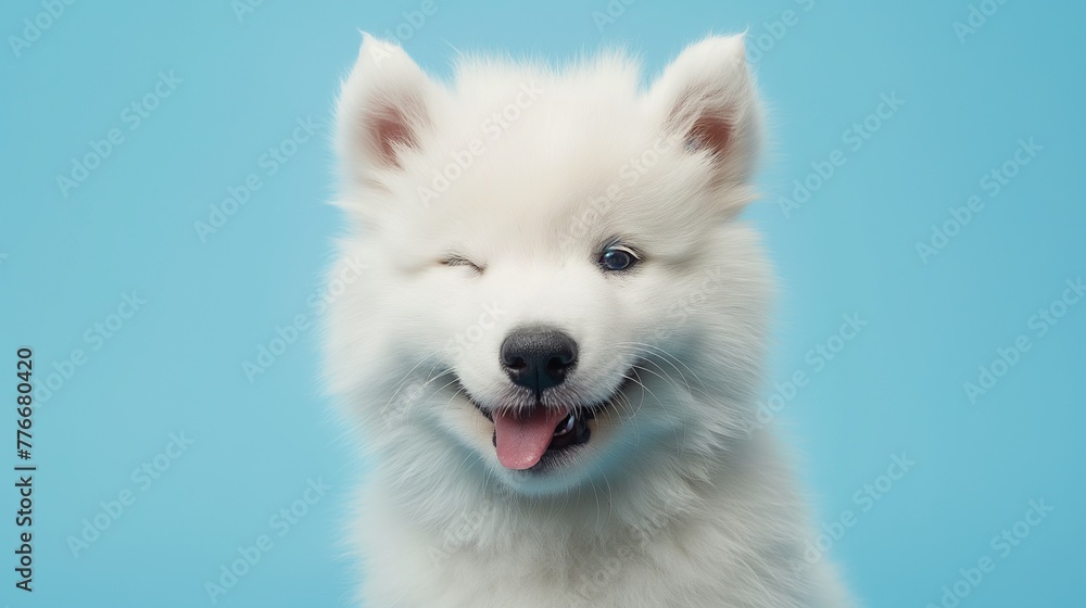 Portrait of Happy smiling Samoyed Dog give a wink isolated on Blue background, front view, copy space, funny cute pet portrait. Portrait of Happy smiling Samoyed Dog give a wink isolated on Blue background, front view, copy space, funny cute pet portrait.