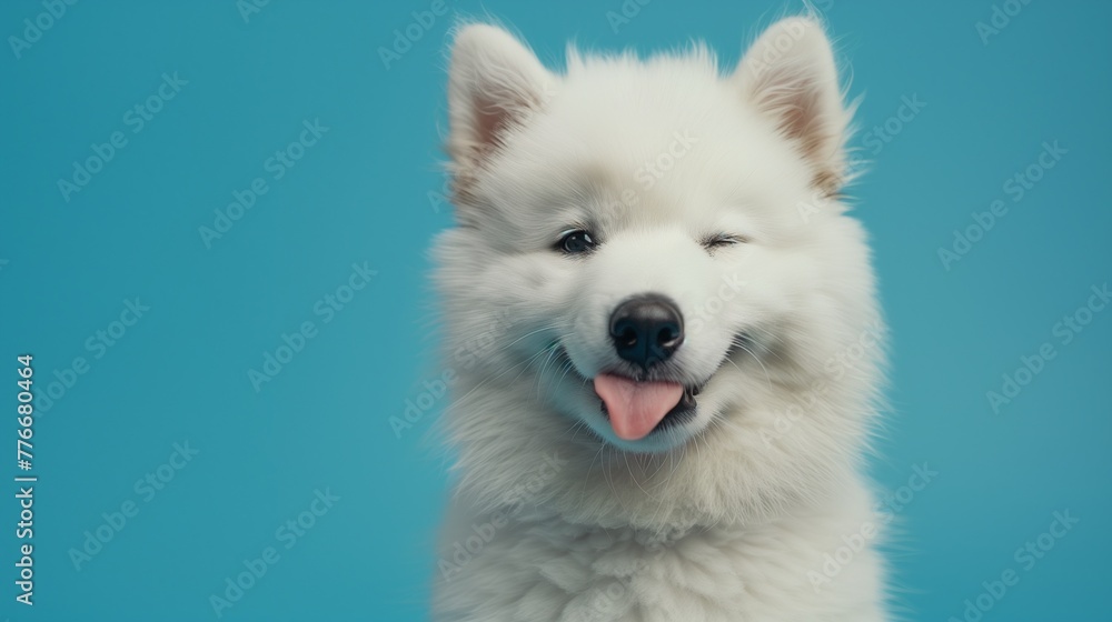 Portrait of Happy smiling Samoyed Dog give a wink  isolated on Blue background, front view, copy space, funny cute pet portrait.
