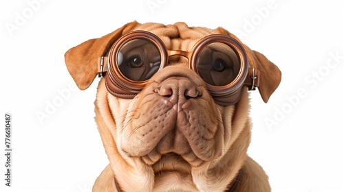 Cute innocent Shar Pei Dog puppy wearing stylish goggles isolated on white background with copy space, funny animal portrait on white. photo