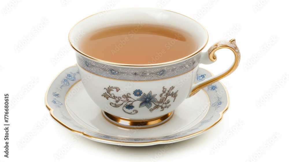 English teacup with saucer isolated on white background, White porcelain cup and saucer with English tea in on a white background English teacup with saucer isolated on white background, White porcelain cup and saucer with English tea in on a white background