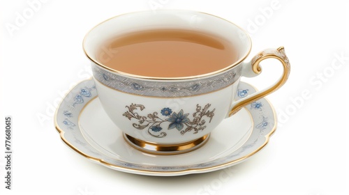 English teacup with saucer isolated on white background, White porcelain cup and saucer with English tea in on a white background