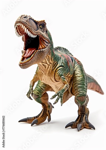 Close up of an ominous T-Rex dinosaur figurine toy isolated on white background. © BackgroundHolic