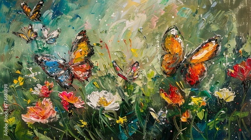 A butterfly garden at noon, with various butterflies dancing amongst the blooms, depicted with vibrant, impressionistic dabs. Emphasize an impressionistic style © เอิร์ท เด็กอ้วนฟาร์ม