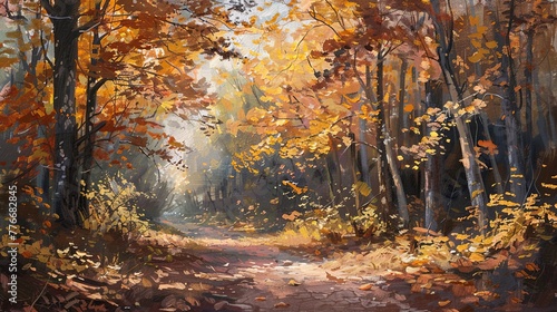 A canopy of autumn leaves above a quiet forest path, with the soft crunch of leaves underfoot and the rustle of wildlife in the underbrush. Emphasize an impressionistic style