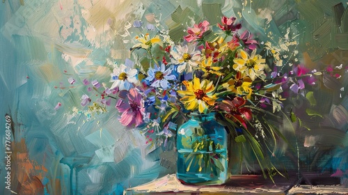 A cluster of wildflowers in a mason jar, painted with a palette knife to create a sense of rustic charm and texture. Emphasize an impressionistic style, focusing on mood rather than meticulous detail photo