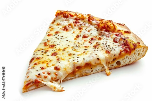 Slice of pizza with stretchy cheese isolated on white background, food photography