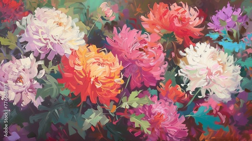 A composition of chrysanthemums and asters, with each petal and leaf defined by thick, confident strokes of color. Emphasize an impressionistic style, focusing on mood rather than meticulous detail