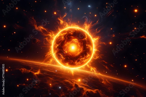 a bright orange sun surrounded by stars in the dark sky
