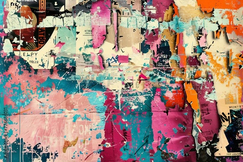Abstract backdrop with collage of old torn posters, grungy urban background with colorful graffiti, digital illustration