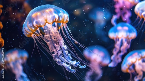 Jellyfish Relaxation Spa, Tranquil images showcasing jellyfish in serene underwater environments, promoting relaxation spas, floatation therapy © jamrut