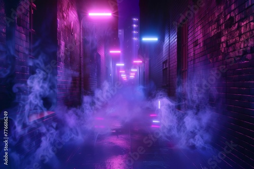 Dark empty alleyway illuminated by neon lights  moody night scene with floating smoke  spotlights  3D illustration