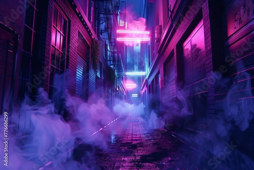 Dark empty alleyway illuminated by neon lights, moody night scene with floating smoke, spotlights, 3D illustration