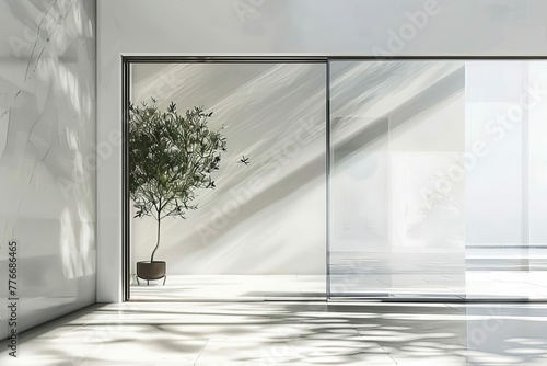 Sleek minimalist entryway with frameless glass sliding door, luxury villa interior, digital illustration