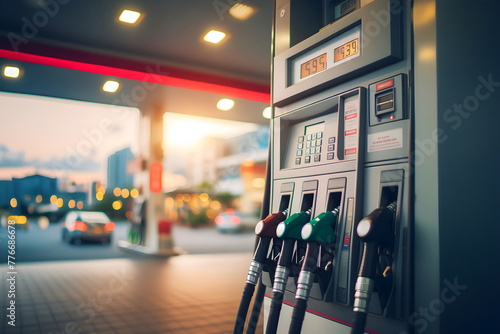 a close up gas pumps at a gas station with blur background