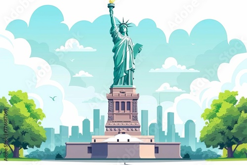 Iconic Statue of Liberty landmark in New York City, symbol of freedom and democracy, travel concept illustration