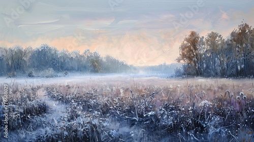 A frost-covered meadow under the first light of dawn, with the muted colors of winter softened further by the morning mist. Emphasize an impressionistic style © เอิร์ท เด็กอ้วนฟาร์ม