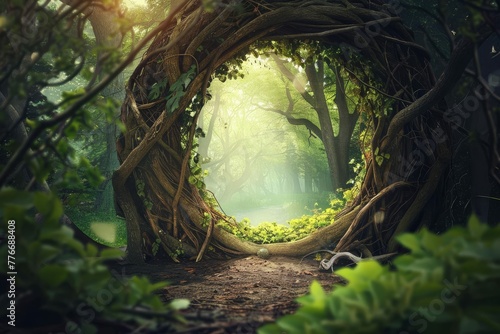 Enchanting forest portal framed by intertwined tree branches, magical fairy tale scene, digital illustration