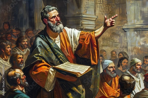 Apostle Paul passionately preaching the Gospel in the synagogue, early Christian ministry, religious illustration photo
