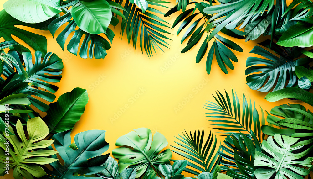 Tropical leaves frame on a vibrant yellow background, Monstera and palm fronds, flat lay with space for text. Tropical leaves frame on a vibrant yellow background, Monstera and palm fronds, flat lay with space for text.
