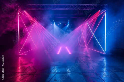 Empty stage with laser beams and smoke  abstract neon light show background