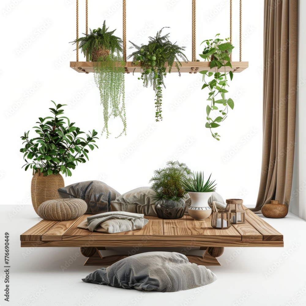 3D Render of a relaxed Boho living room featuring a low-profile sofa, macrame wall hangings, and natural wood accents, on isolated white background, Generative AI