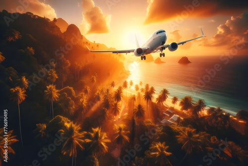 airplane flying over palm trees at sunset with the sun setting