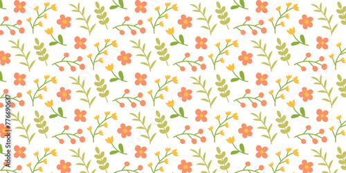 Seamless pattern with cute spring flowers, leaves and twigs in pastel colors. Floral spring background in a simple flat hand drawn style.