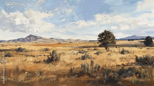 A high-altitude plateau with sparse vegetation, the broad strokes capturing the emptiness and the subtle play of light and shadow. Emphasize an impressionistic style