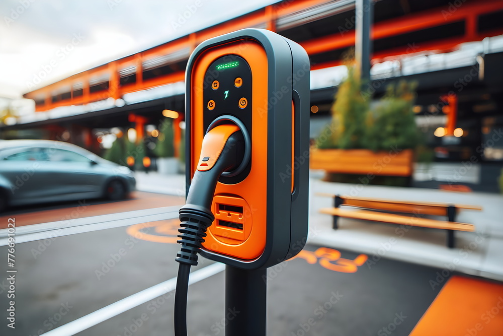 an orange and black electric charger station for electric car