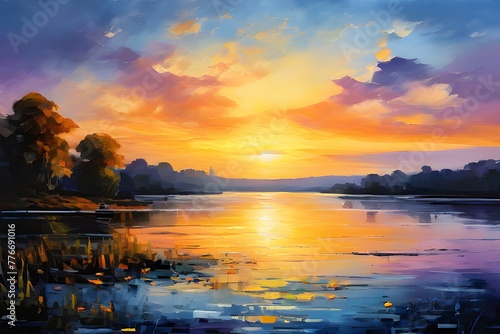   A serene sunset over a tranquil lake  with vibrant colors reflecting on the water s surface.