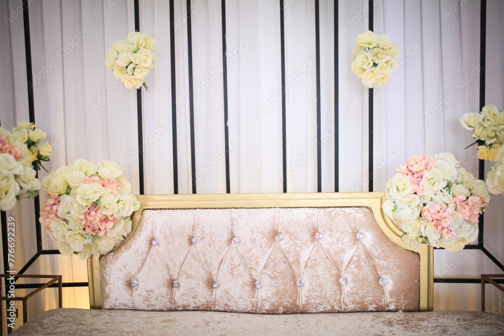 Beautiful wedding stage for malay wedding reception. Detail of wedding stage. - obrazy, fototapety, plakaty 