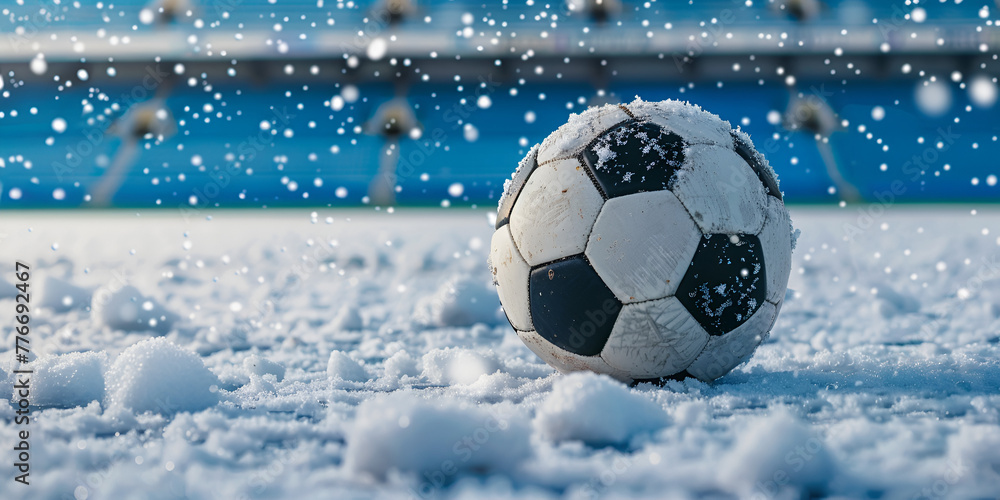 Classic soccer of football on frozen grass by goal post net covered in frost or ice. Winter cold season time
