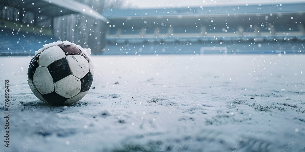 Close-up classic soccer ball on a snow covered playground and blurred soccer goal Soccer ball on snow during snow fall - obrazy, fototapety, plakaty 